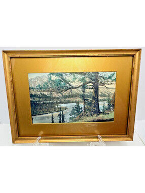 Vtg Hand Tinted Photo Mountain Forest River Trees Wood Framed Art